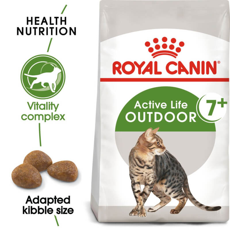 Royal Canin Outdoor 7+ cat food for senior outdoor cats’ vitality and joint support.