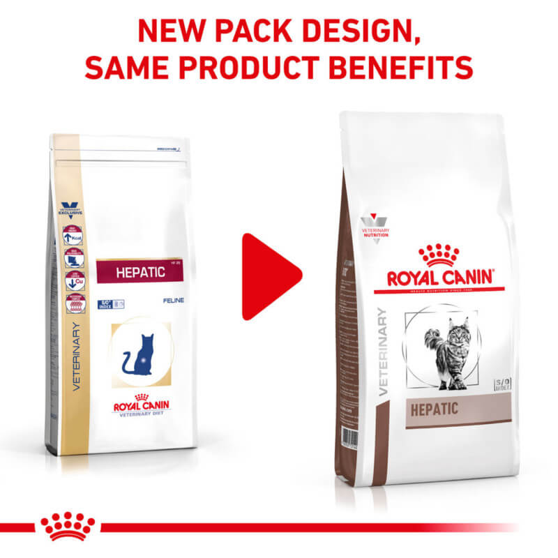 Royal Canin Veterinary Feline Hepatic cat food for liver care, with a cat image on the pack.