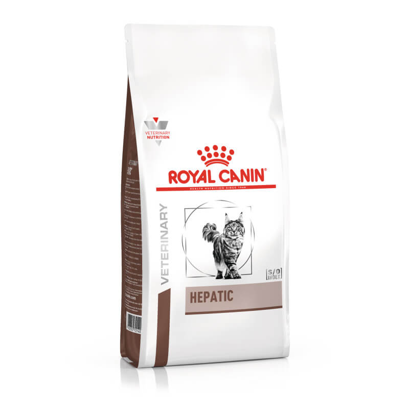 Royal Canin Veterinary Feline Hepatic cat food for liver care, with a cat image on the pack.