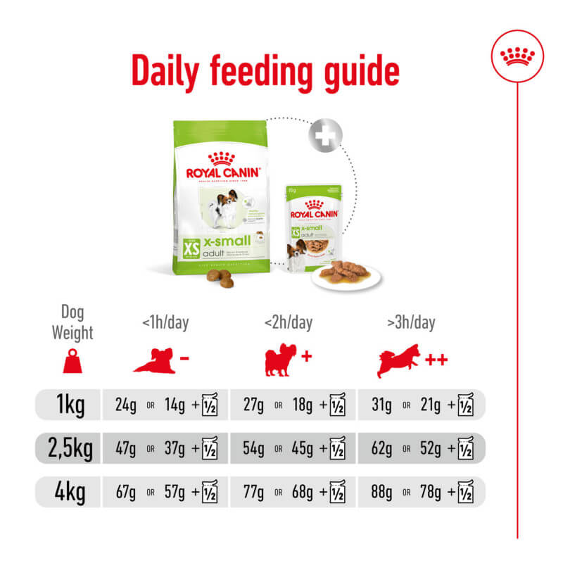 Royal Canin X-Small Adult 1.5kg feeding guide for extra-small dog nutrition and activity levels.