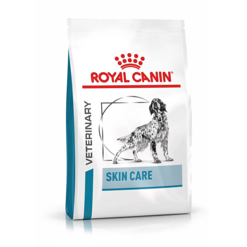 Royal Canin Veterinary Canine Skin Care dog food with sensitive skin formula and dog graphic.