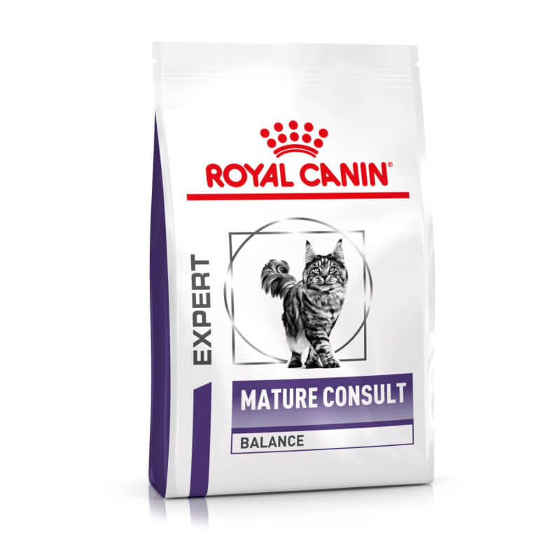 White bag of Royal Canin Veterinary Feline Mature Consult Balance Cat Food for senior cats.