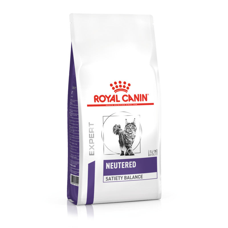Royal Canin Veterinary Feline Neutered Satiety Balance cat food bag with cat illustration.