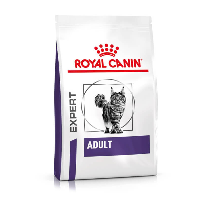 A bag of Royal Canin Veterinary Adult Dry Cat Food with a cat illustration on the front.