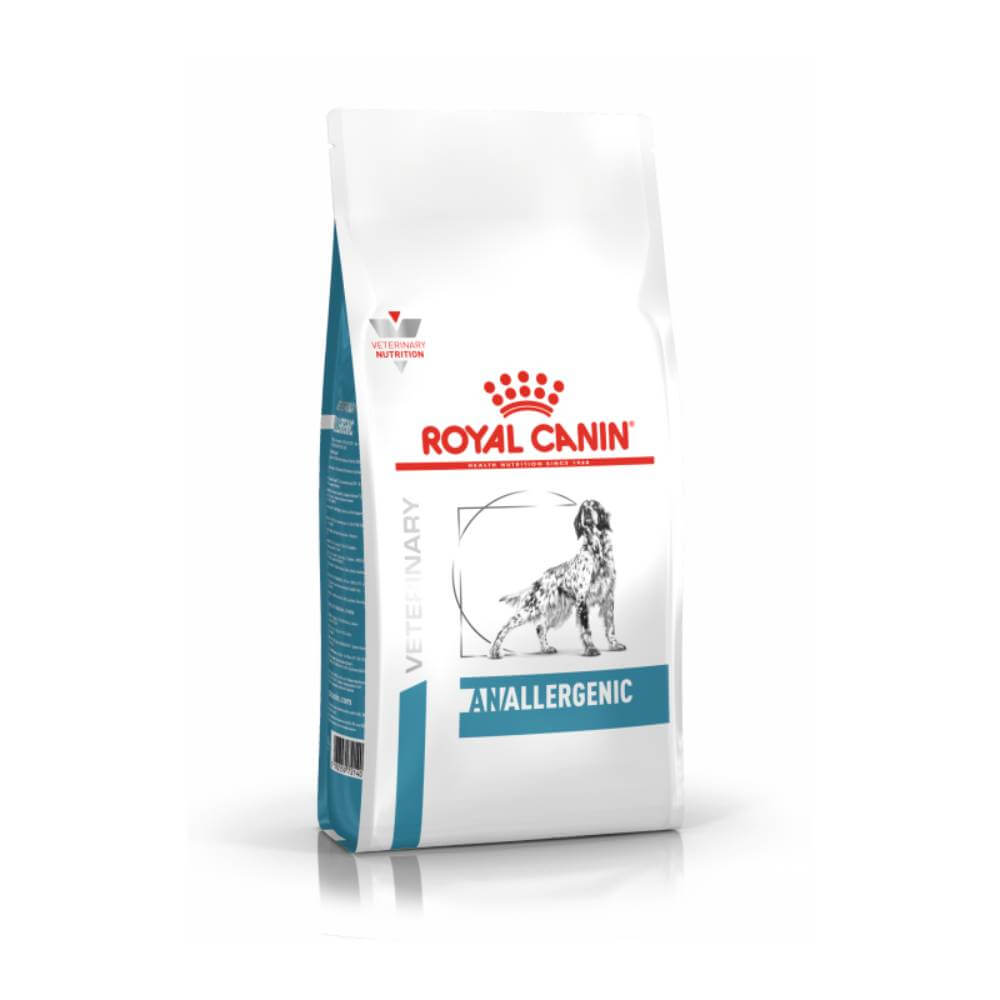 Royal Canin Veterinary Canine Anallergenic hypoallergenic dog food with feather protein.