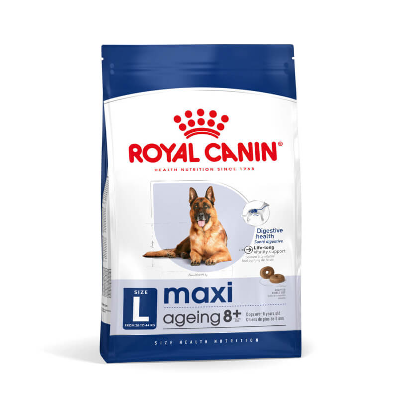 Royal Canin Maxi Ageing 8+ dog food for senior large breeds, supports healthy ageing.