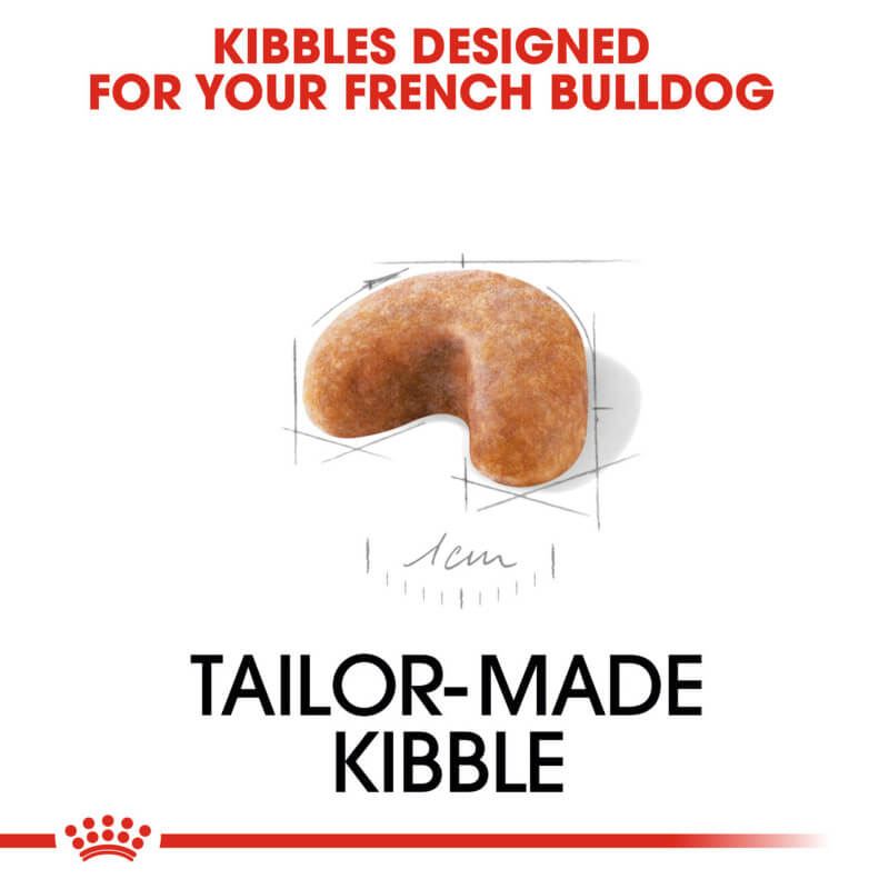 Curved brown kibble labeled: Royal Canin French Bulldog Puppy food.