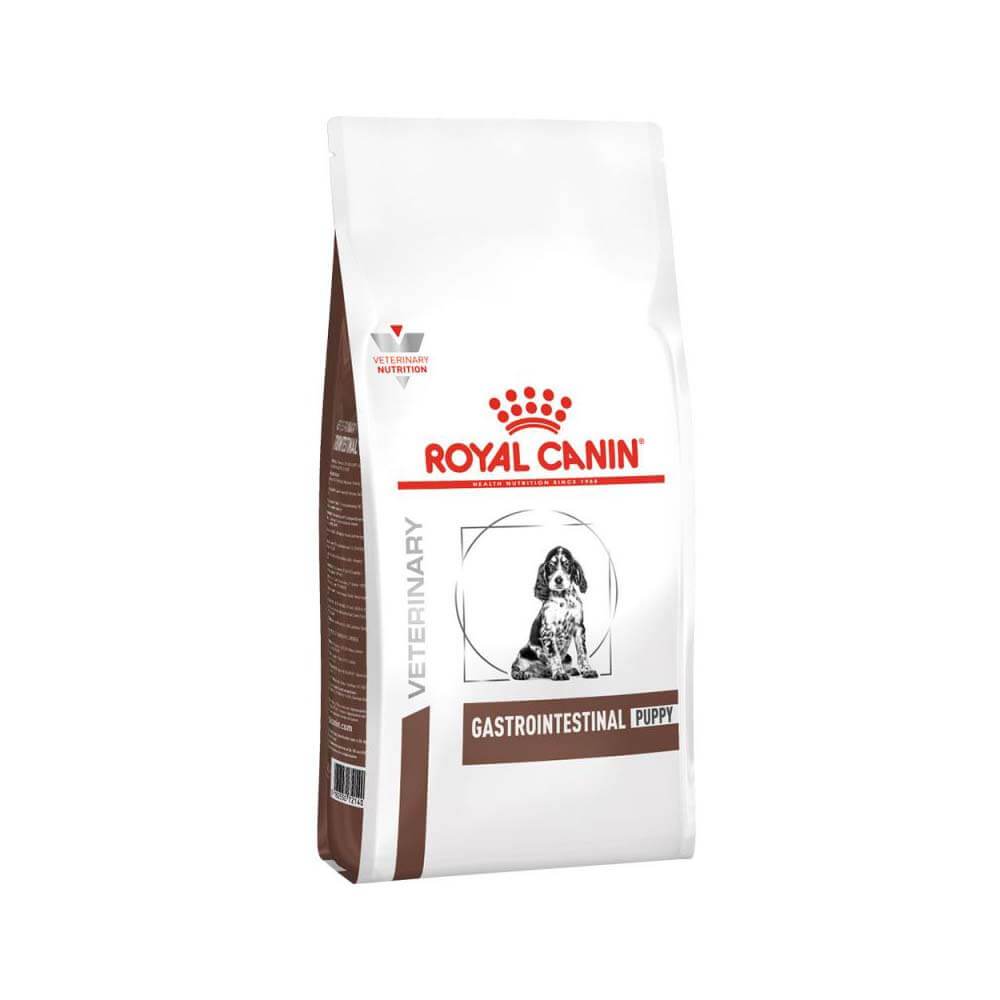 Royal Canin Veterinary Gastro Intestinal Puppy Dry Dog Food for digestive health, dog design.