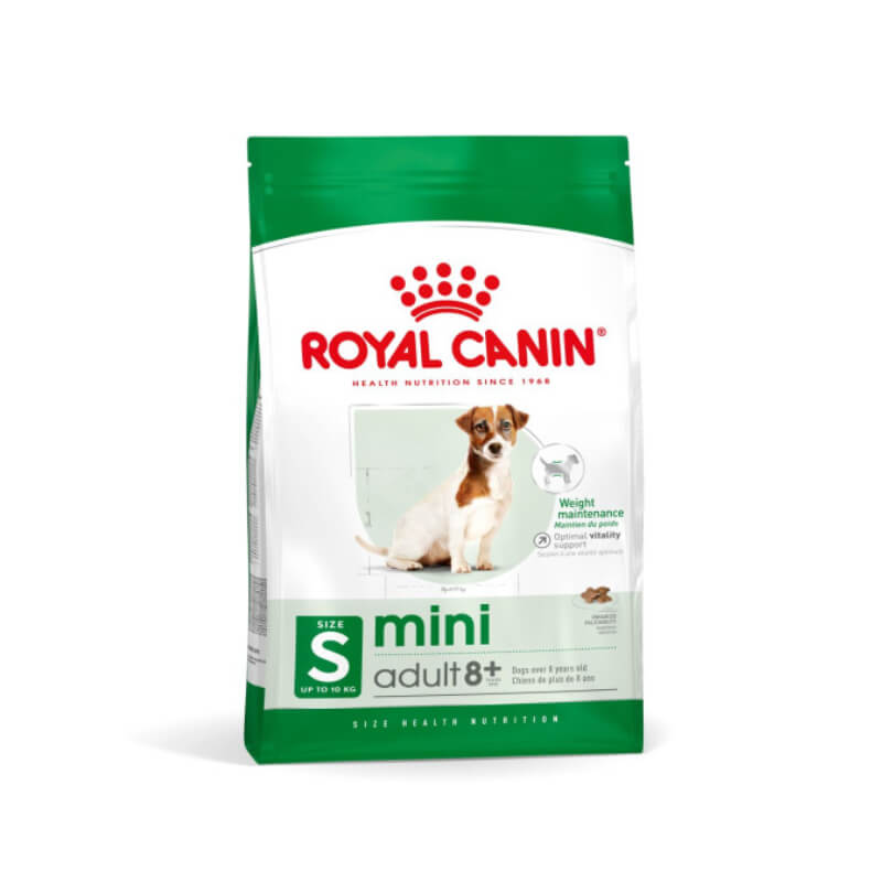 Royal Canin Mini Adult 8+ dog food for mature small breed dogs.