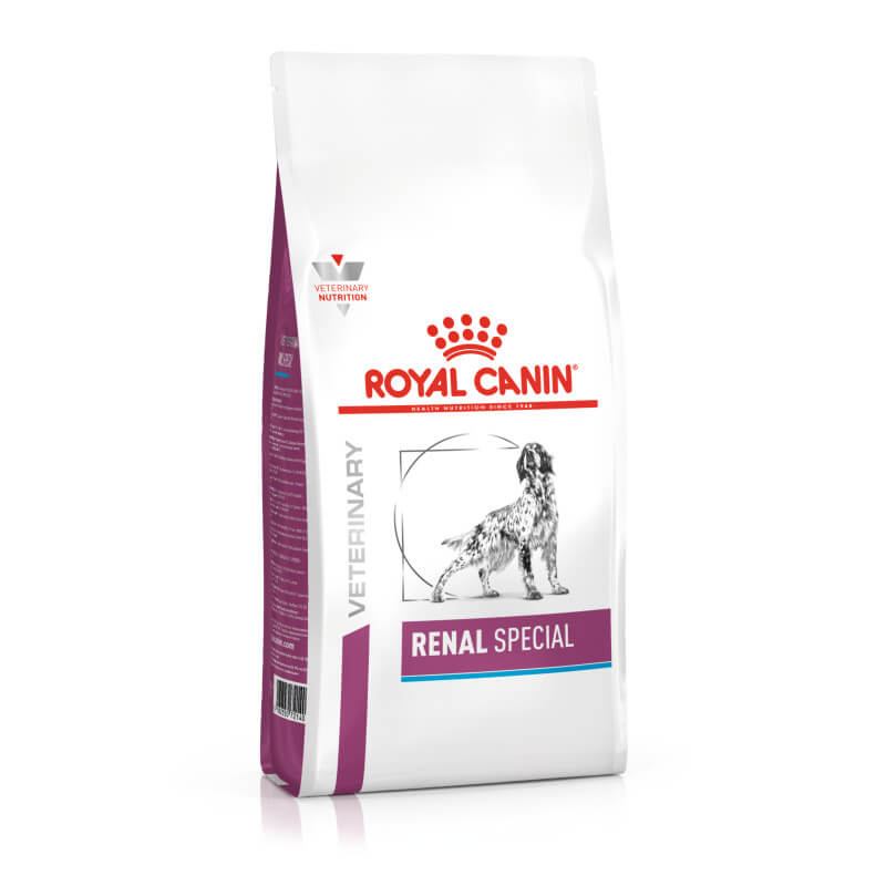 A white bag of Royal Canin Veterinary Renal Special Adult Dry Dog Food for kidney disease.
