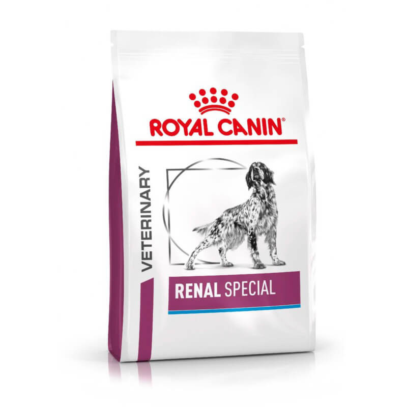 Royal Canin Veterinary Renal Special Adult Dry Dog Food with a dog image on the front.