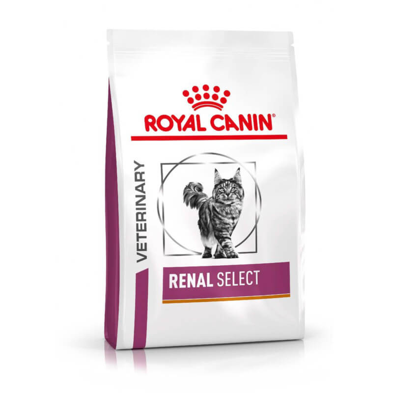 Royal Canin Veterinary Renal Select Adult Dry Cat Food bag with a cat image on the front.