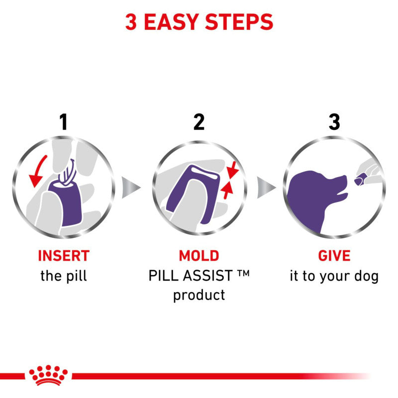 Royal Canin Veterinary Pill Assist Large Dogs 224g, white bag with dog illustration.