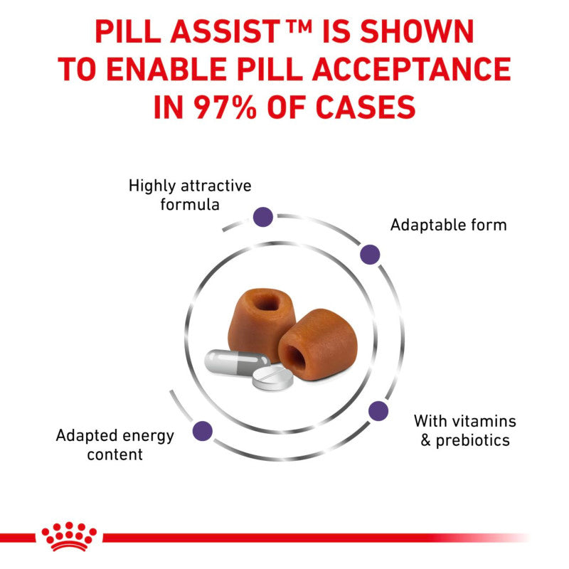 Two Royal Canin Pill Assist treats with meds for dogs; 97% acceptance makes dosing easy.