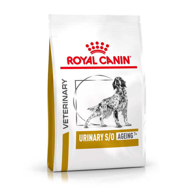 Royal Canin Veterinary Urinary S/O Ageing 7+ 8kg dog food, white bag with dog illustration.