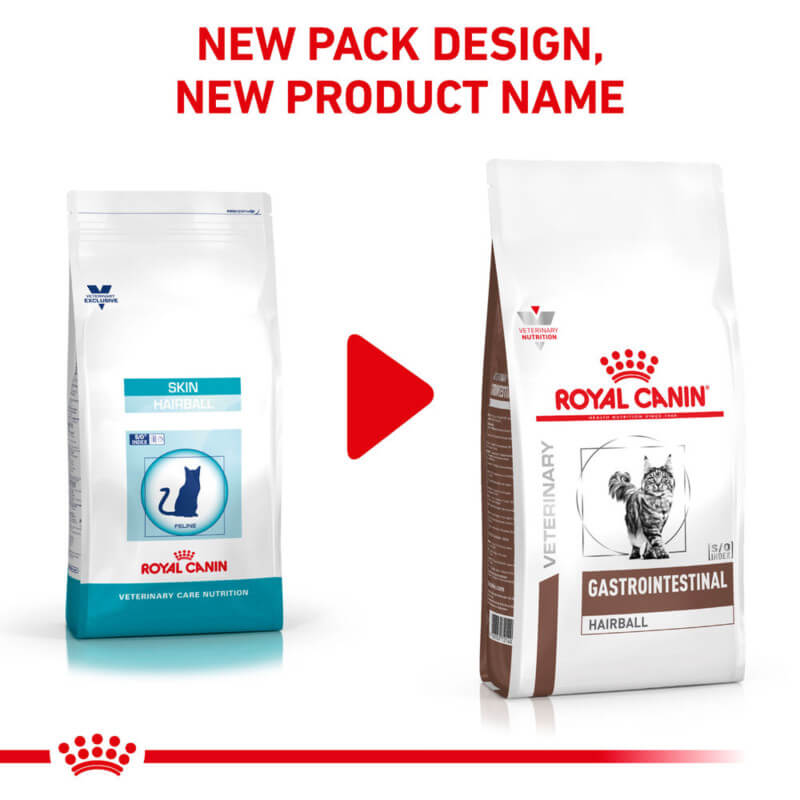 Old Skin Hairball and new Royal Canin Veterinary Feline Gastrointestinal Hairball dry cat food.