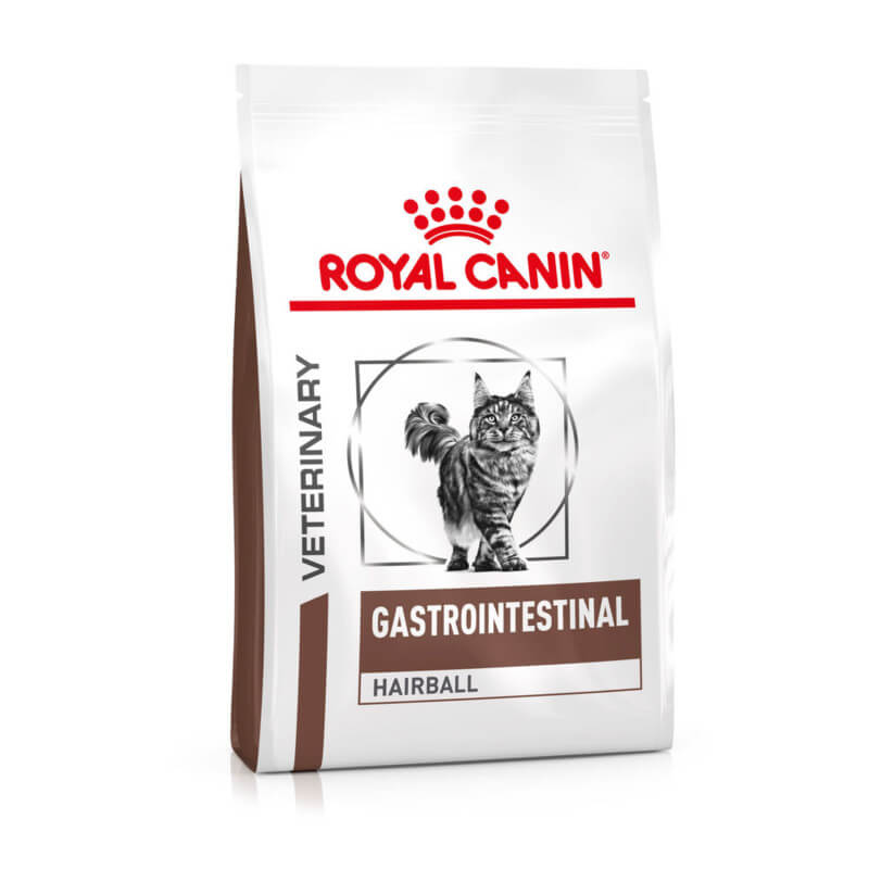 Royal Canin Veterinary Feline Gastrointestinal Hairball dry food for hairball control.