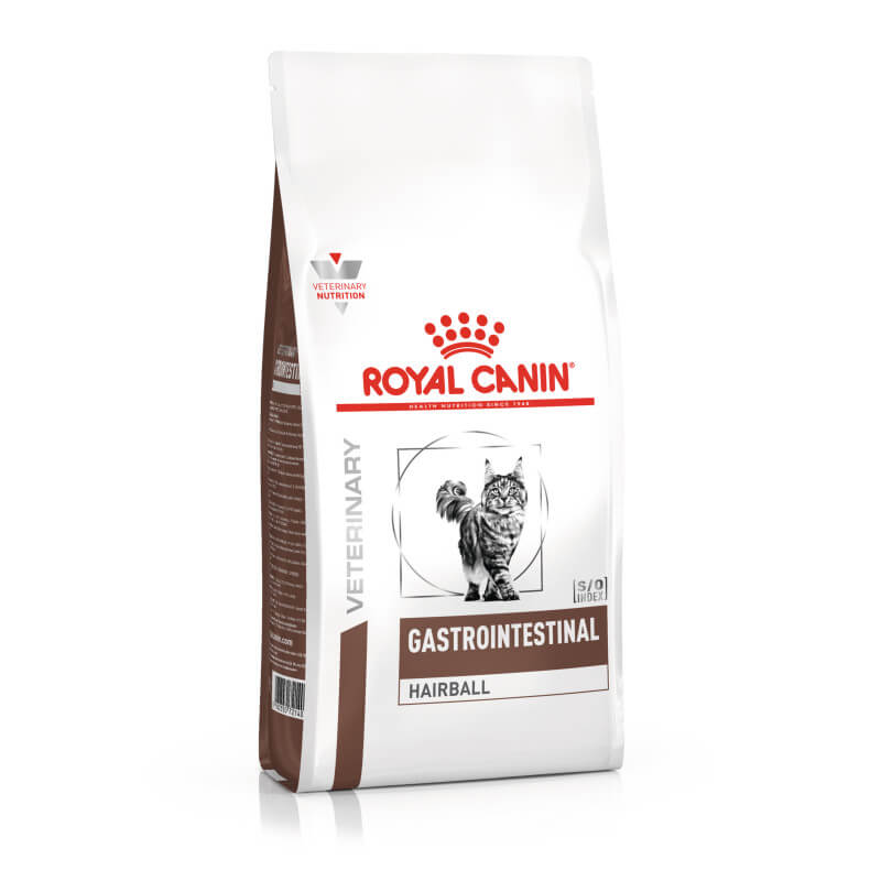 Royal Canin Veterinary Feline Gastrointestinal Hairball dry food for hairball control.