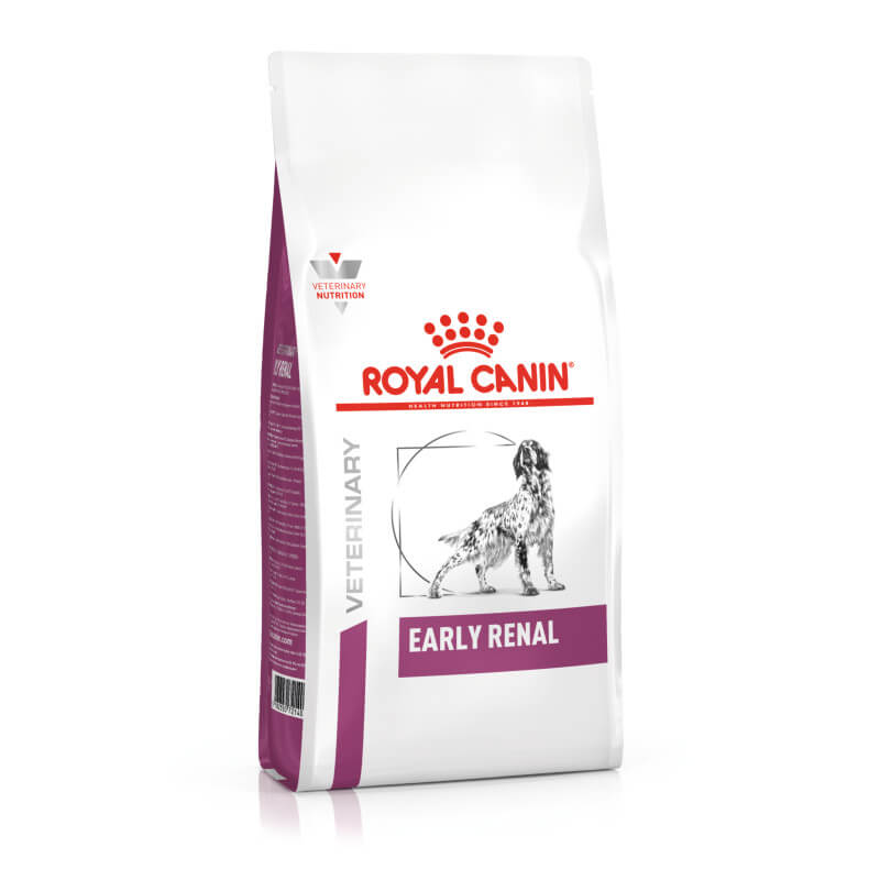 A bag of Royal Canin Veterinary Canine Early Renal Dry Dog Food with a dog illustration.