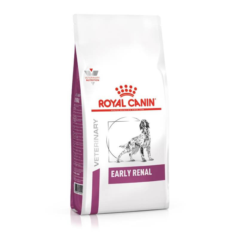 White bag of Royal Canin Veterinary Early Renal Dry Dog Food with an illustrated dog on front.