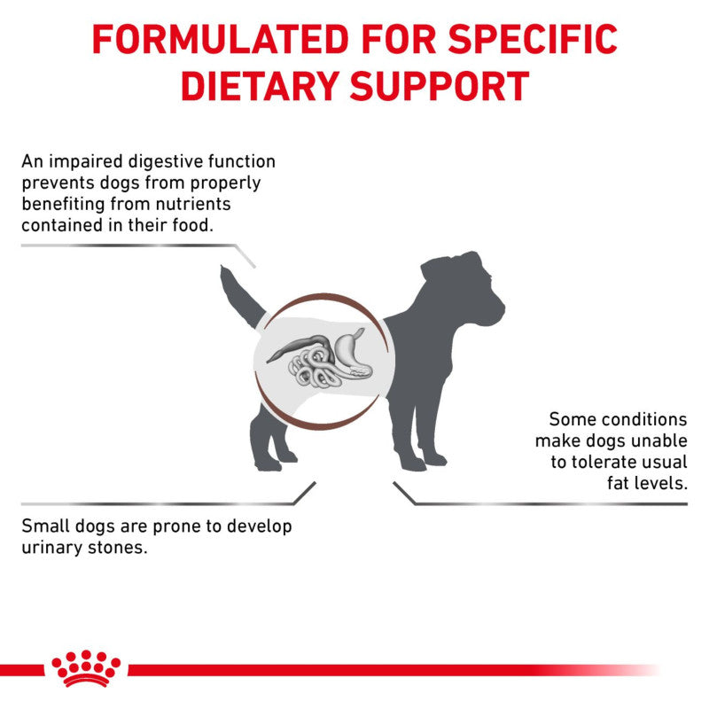 Diagram of a dog showing digestive health and benefits of Royal Canin Vet Gastrointestinal Low Fat.