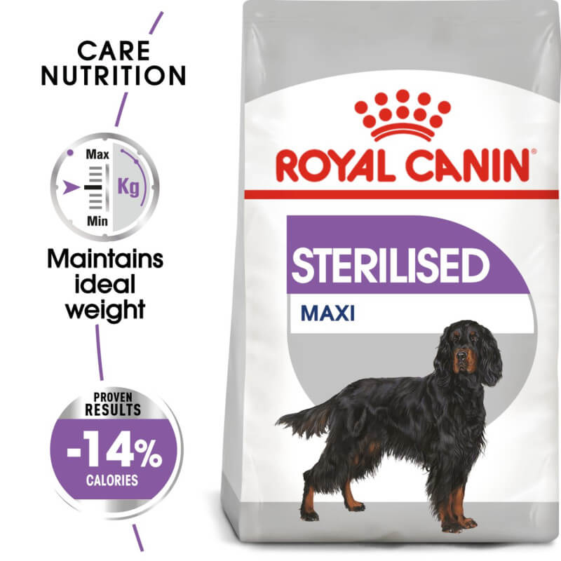 Royal Canin Maxi Sterilised dog food supports weight management for neutered large breeds.