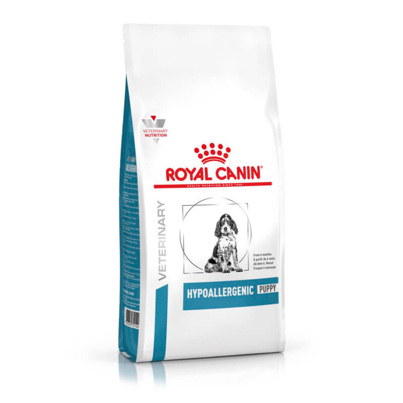 Royal Canin Veterinary Hypoallergenic Puppy dry food for puppies with hypoallergenic benefits.