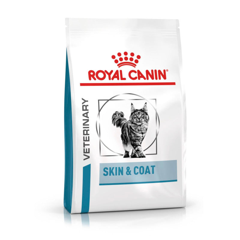Royal Canin Veterinary Feline Skin & Coat 3.5kg cat food for sensitive skin, with cat illustration.