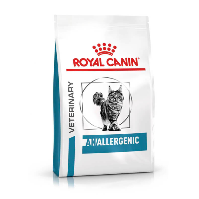Royal Canin Veterinary Feline Anallergenic cat food bag features a cat illustration on the front.