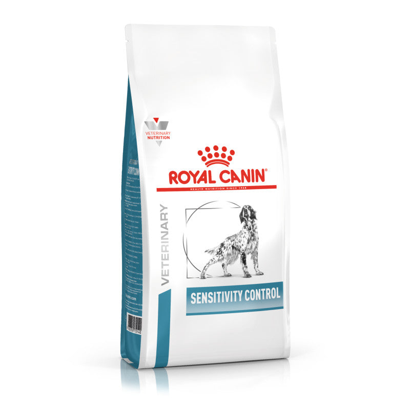 Royal Canin Veterinary Sensitivity Control Adult Dry Dog Food with a dog illustration on the front.