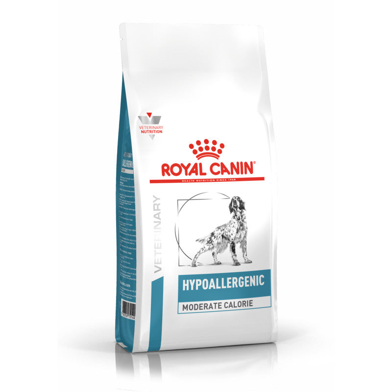 Royal Canin Veterinary Canine Hypoallergenic Moderate Calorie dog food with dog illustration.