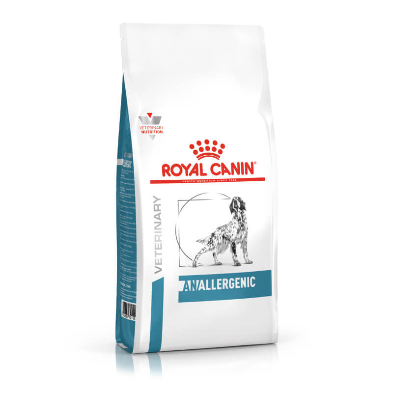 White bag of Royal Canin Veterinary Canine Anallergenic dog food featuring a dog illustration.
