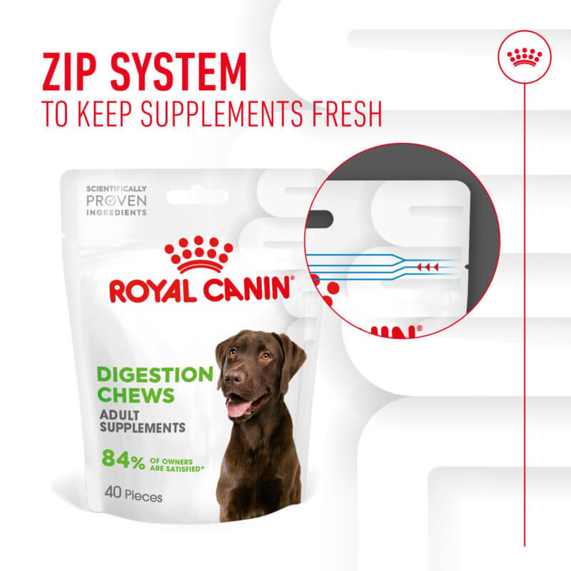 Royal Canin Adult Digestion Supplement 160g with zip system keeps supplements fresh.
