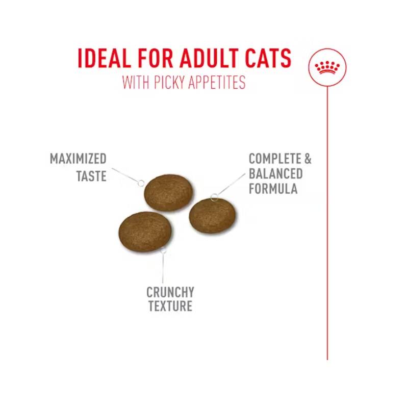 Three brown Royal Canin Feline Fussy Exigent kibbles: tasty, crunchy, and balanced.
