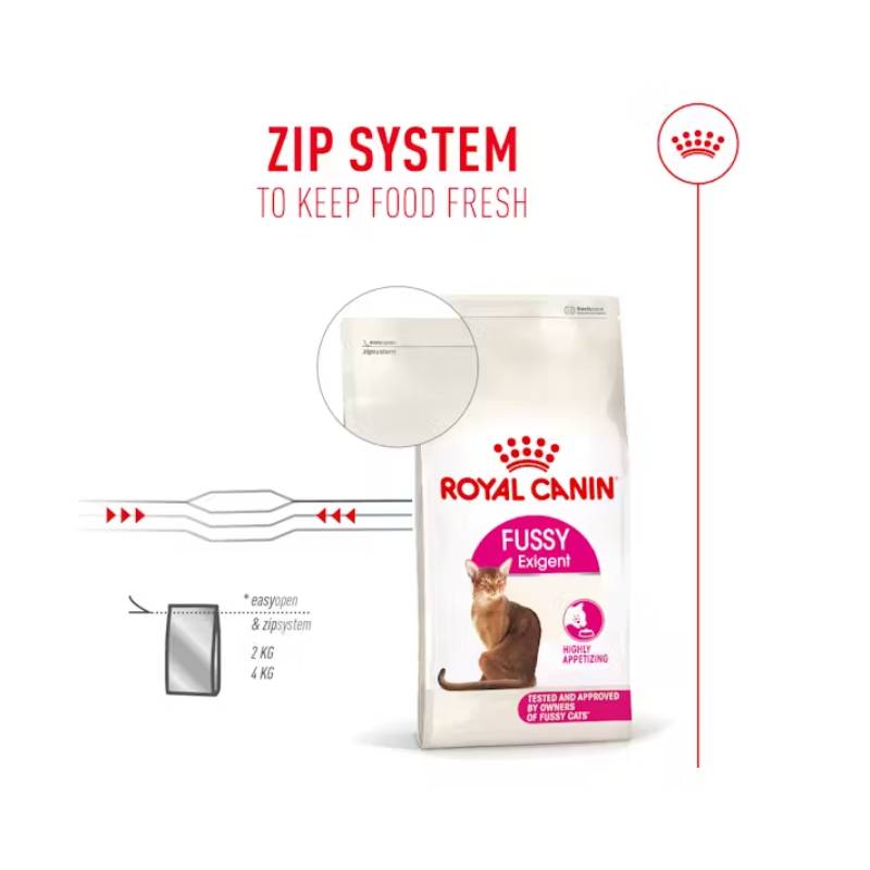 Royal Canin Feline Fussy Exigent cat food with a zip system to keep food fresh.