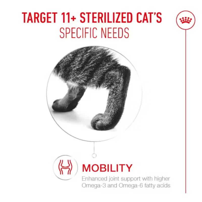 Royal Canin Feline Ageing Sterilised 11+ bag with an orange cat on the front.