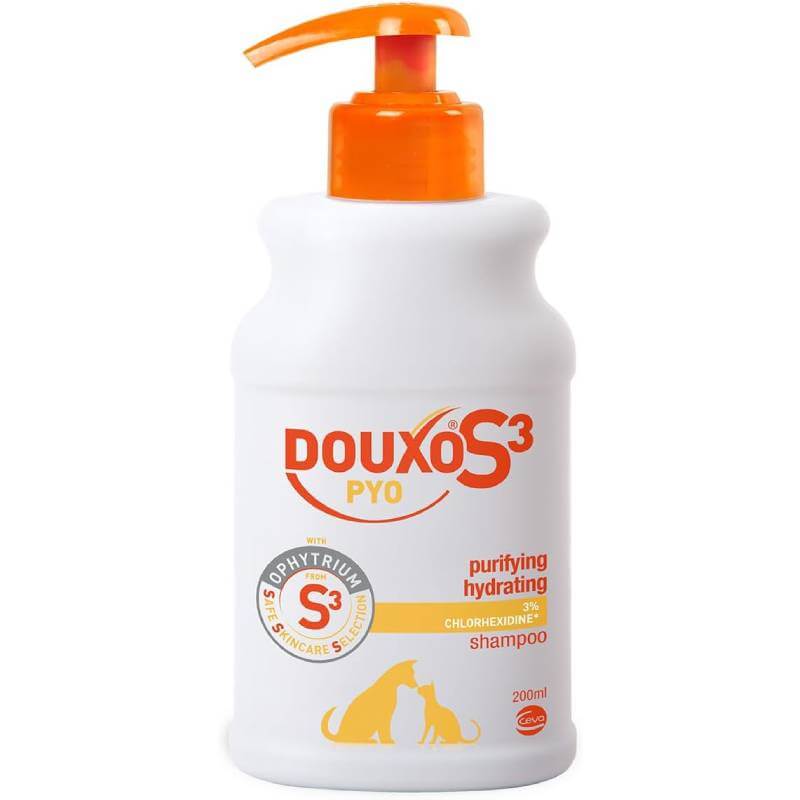 DOUXO Douxo S3 PYO Antibacterial Shampoo for Dogs & Cats 200ml, white bottle with orange pump.