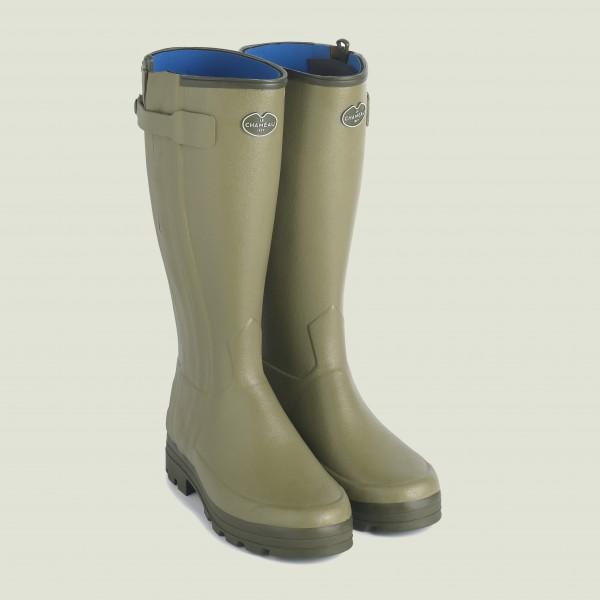 Le Chameau Chasseur Neo Men's green neoprene-lined wellington boots with blue lining.