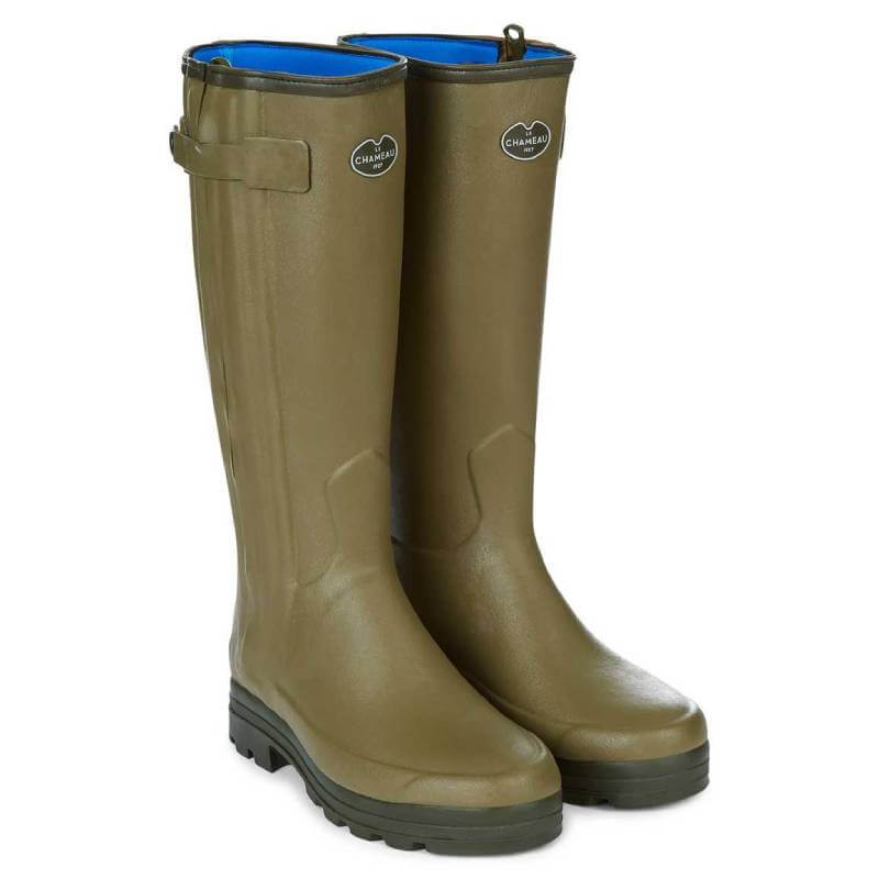 Olive Le Chameau Chasseur Neo Mens boots with blue lining and adjustable side straps.