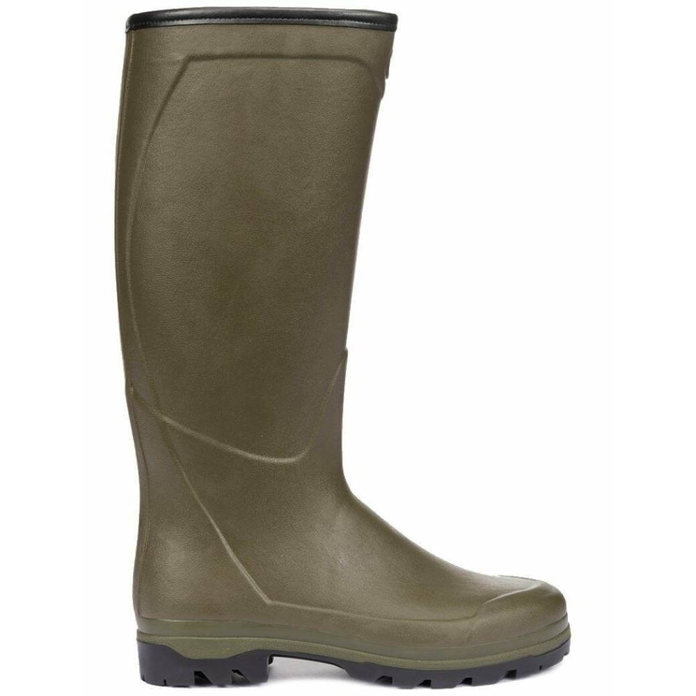 Le Chameau Country Cross Neoprene olive green rain boot with black sole, side view.
