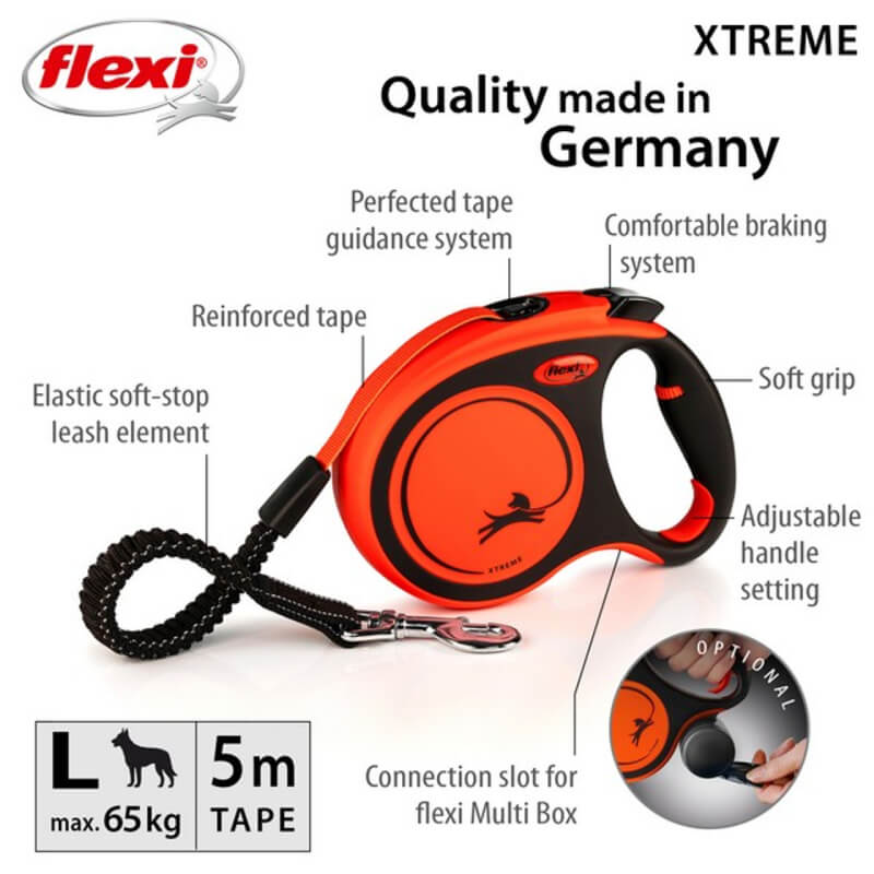 Flexi Xtreme Tape 5m Orange Large dog leash with handle and metal clip, by Flexi.
