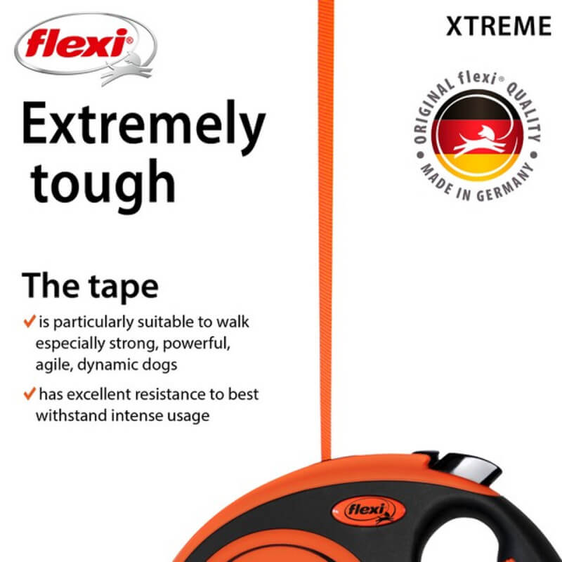 Flexi Xtreme Tape 5m Orange Large leash for dogs up to 65kg with reinforced flexi X11 tape.