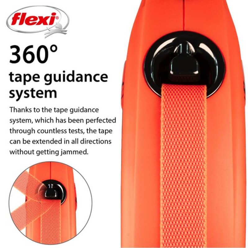 Close-up of Flexi Xtreme Tape 5m Orange Large showing its 360° extension feature.