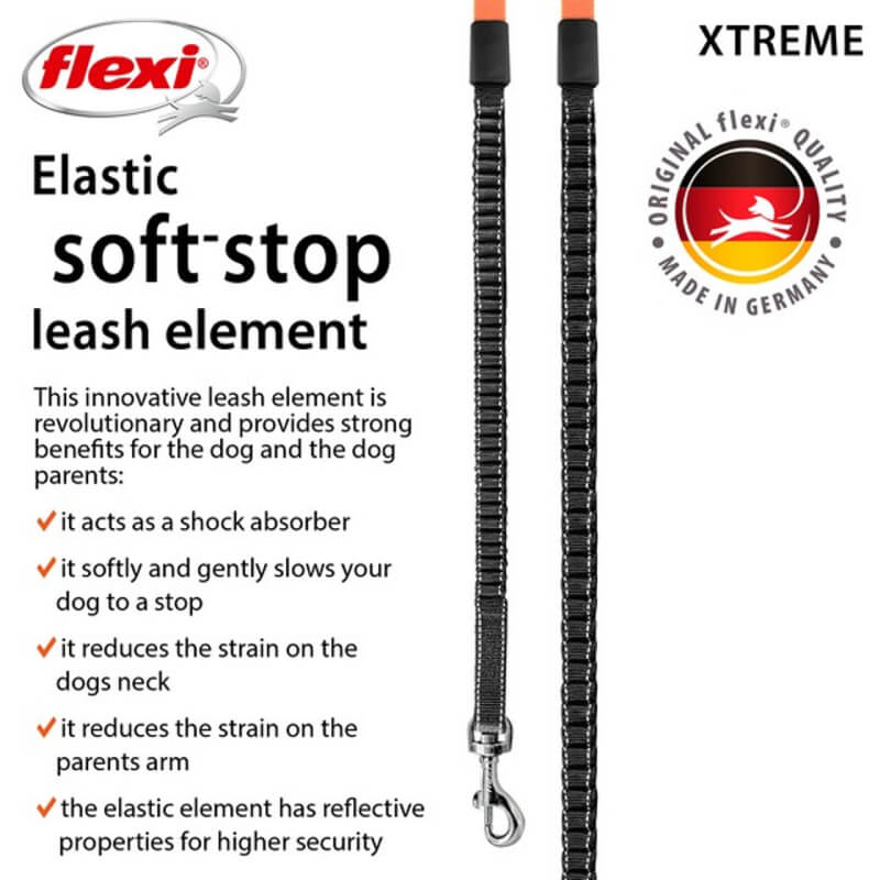 Flexi Xtreme Tape 5m leash in orange, large, with reflective elements and metal clasp.