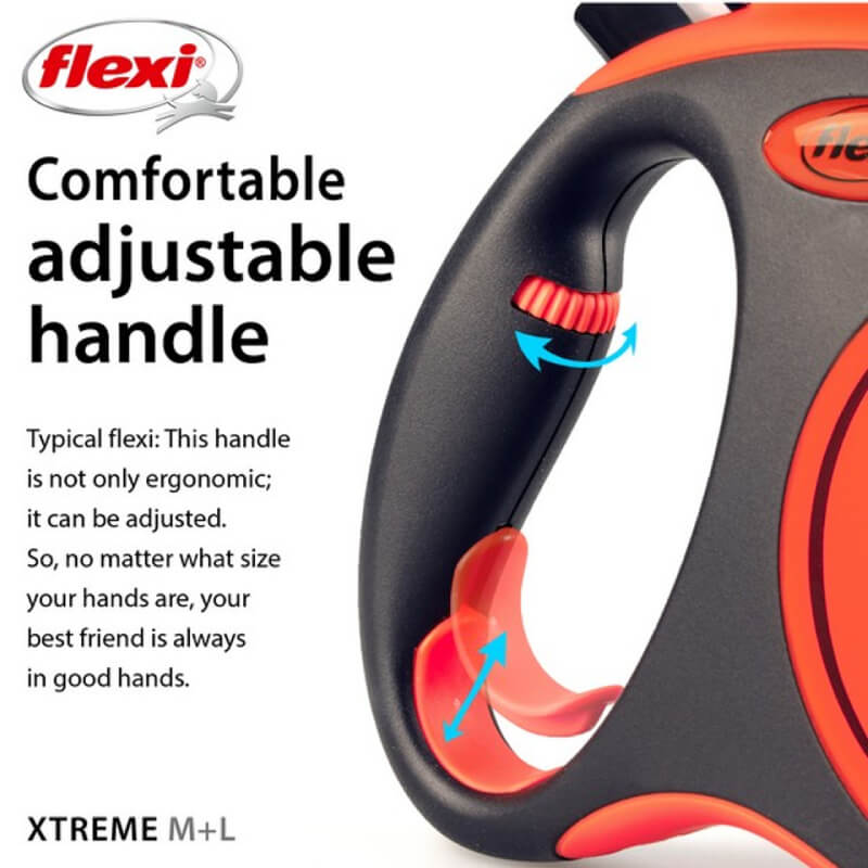 Close-up of Flexi Xtreme Tape 5m Orange Large handle from Flexi retractable leash.