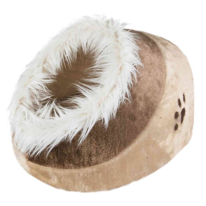 Trixie Minou Dog Cave in beige & brown with a paw print and fluffy white opening.