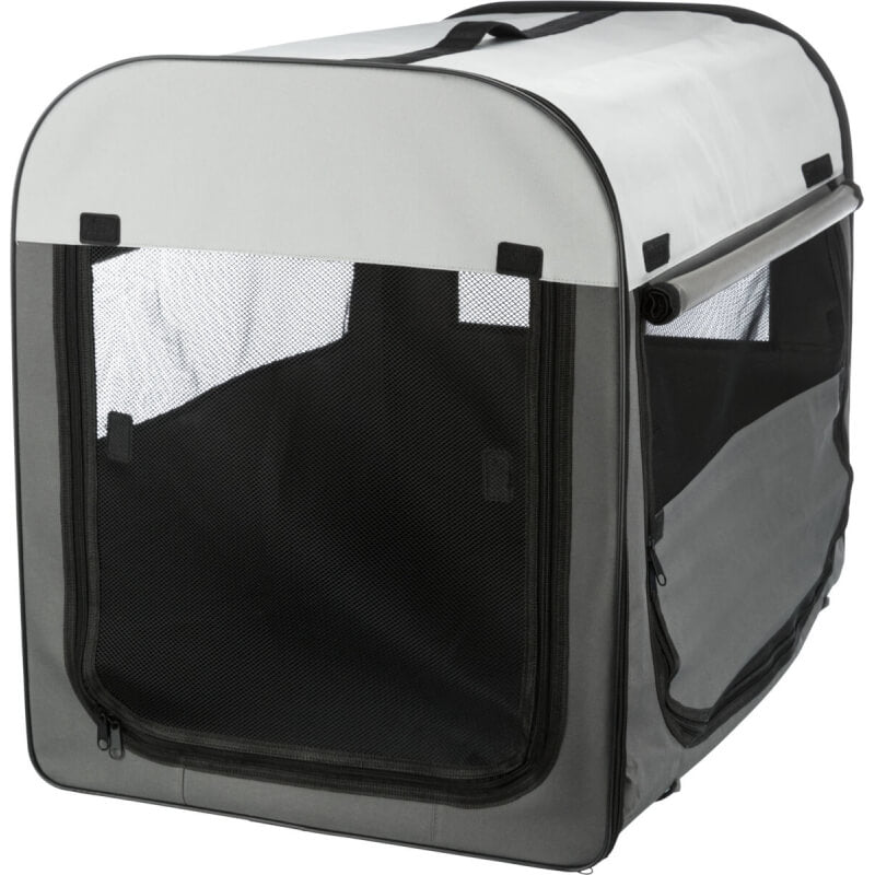 Trixie Basic Dog Crate Grey: portable crate with mesh windows and front zipper by Trixie.