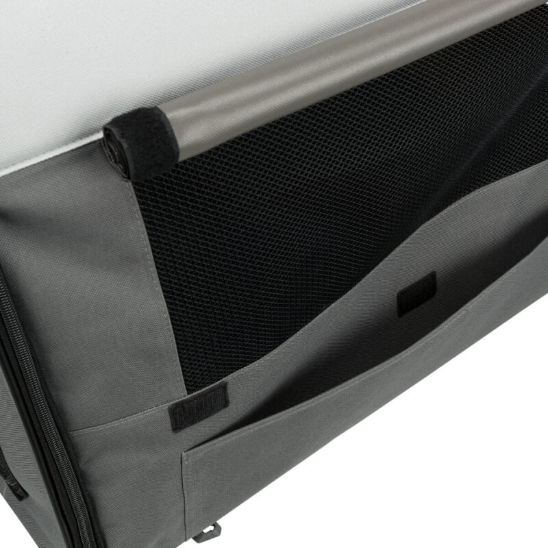 Close-up of the Trixie Basic Dog Crate Grey featuring mesh, solid pockets, and Velcro closure.