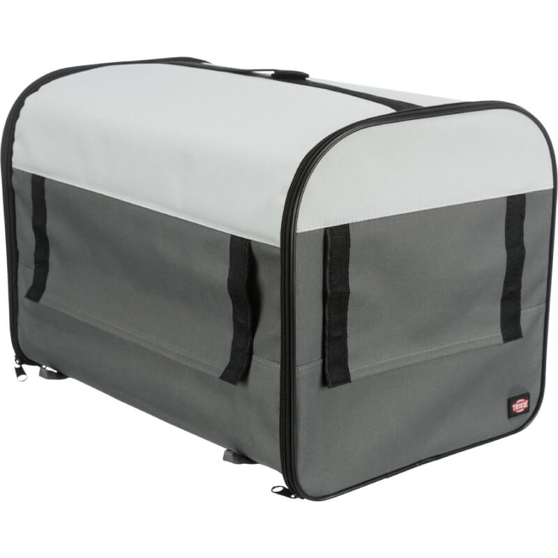Trixie Basic Dog Crate Grey with zippers and black handles, portable for dogs.
