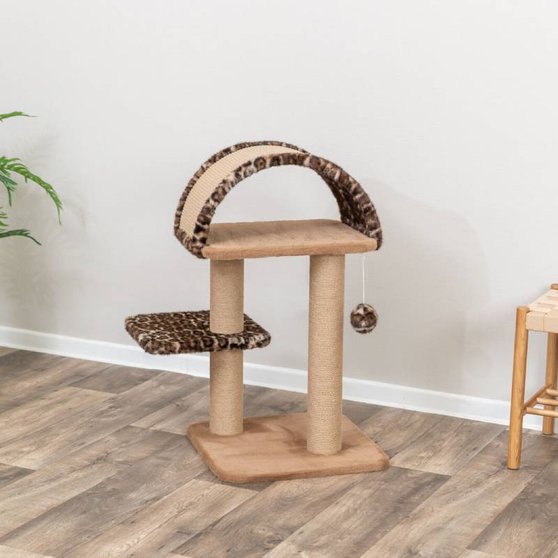 A cat lounges on the Trixie Leo Cat Tree Square Brown Leopard with a hanging toy ball.